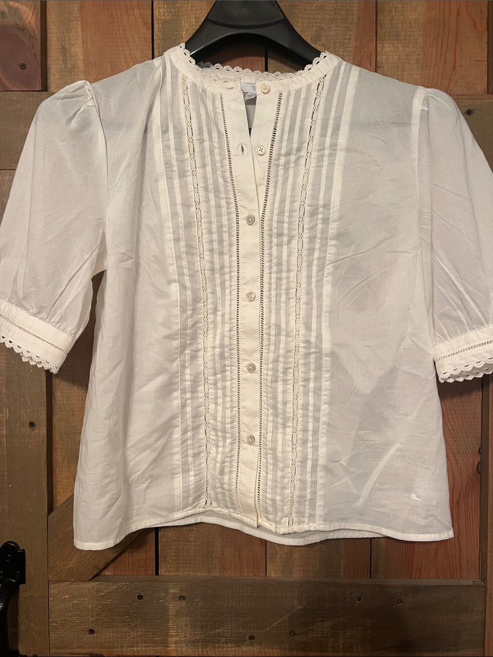 Time and Tru White Lace-Trim Button Front Blouse